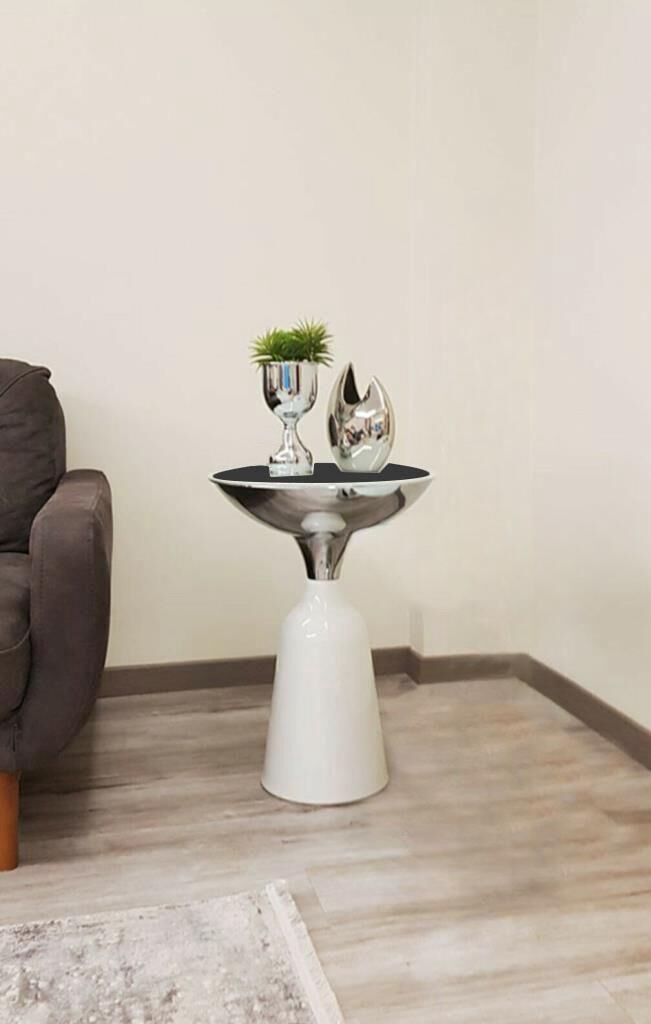 Olympos Dekoratif Parlak Beyaz Uzun Model Krom Sehpa 55 cm