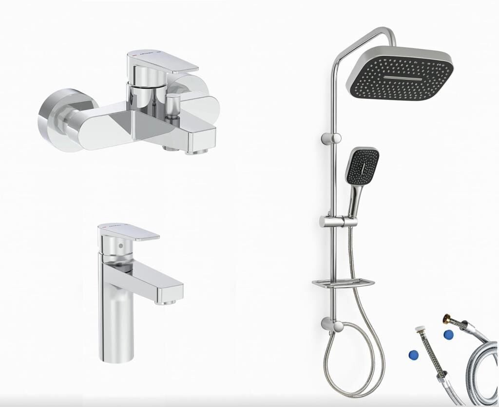 Artema Flow Square Banyo Bataryası + Flow Square Lavabo Bataryası + Doppo Prime Lux Tepe Duş Sistemi