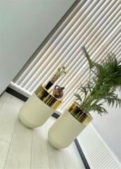 Dekoratif Gold Darbuka Beyaz Saksı 70cm + Sehpa 60cm İkili Set