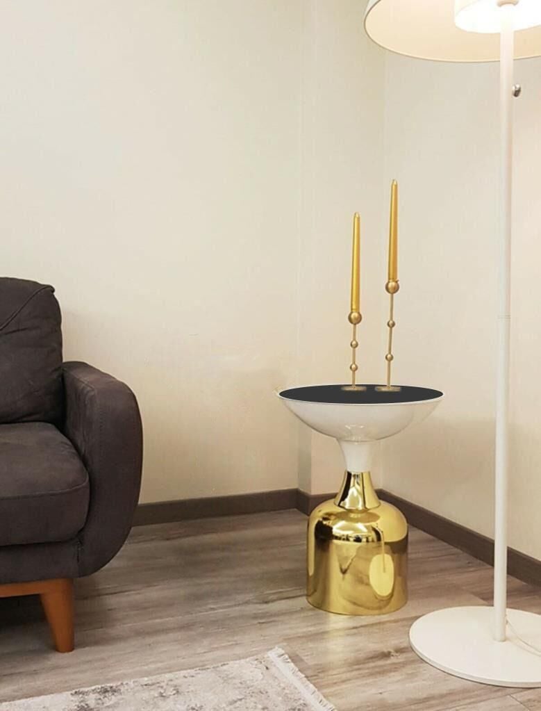 Olympos Dekoratif Parlak Beyaz Kısa Model Gold Sehpa 50 cm