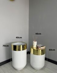 Dekoratif Gold Darbuka Parlak Beyaz Saksı 70cm + Sehpa 60cm İkili Set