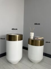 Dekoratif Eskitme Darbuka Parlak Beyaz Saksı 70cm + Sehpa 60cm İkili Set