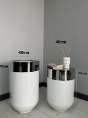 Dekoratif Krom Darbuka Parlak Beyaz Saksı 70cm + Sehpa 60cm İkili Set