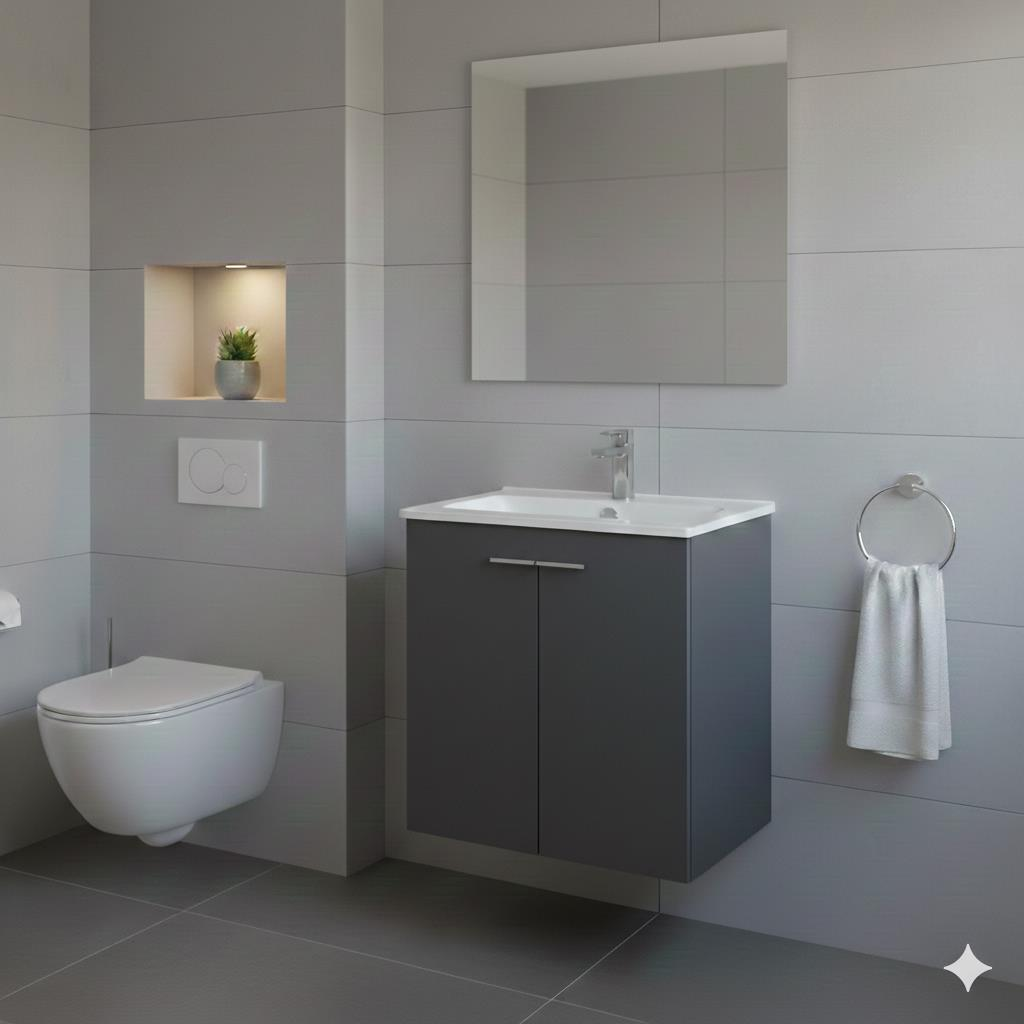 Vitra Mia 60 cm Antrasit Kapaklı Banyo Dolabı + Creavit 60 cm Ayna  SET