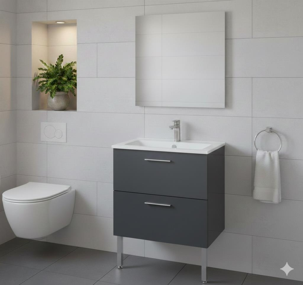 Vitra Mia 60 cm Antrasit Çekmeceli Ayaklı Banyo Dolabı + Creavit 60 cm Ayna  SET