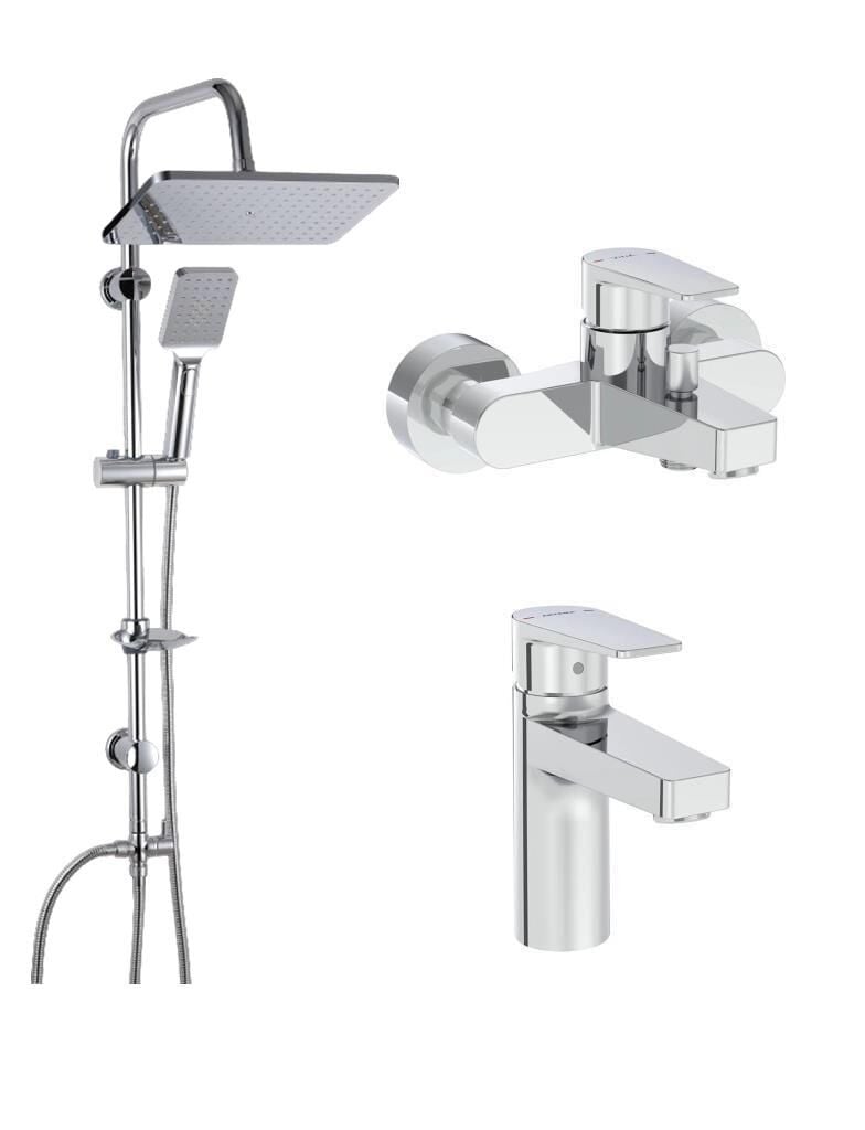 Artema Flow Square Krom Banyo Bataryası + Lavabo Bataryası + Doppo Long Krom Tepe Duş Seti
