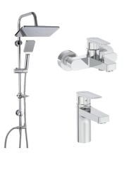 Artema Flow Square Krom Banyo Bataryası + Lavabo Bataryası + Doppo Long Krom Tepe Duş Seti