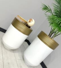 ELEGANT Dekoratif Eskitme Darbuka Parlak Beyaz Saksı 70cm + Sehpa 60cm İkili Set