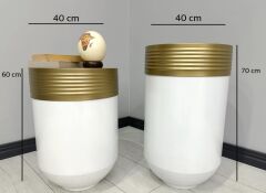 ELEGANT Dekoratif Eskitme Darbuka Parlak Beyaz Saksı 70cm + Sehpa 60cm İkili Set