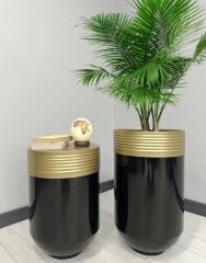 ELEGANT Dekoratif Eskitme Darbuka Parlak Siyah Saksı 70cm + Sehpa 60cm İkili Set