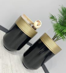 ELEGANT Dekoratif Eskitme Darbuka Parlak Siyah Saksı 70cm + Sehpa 60cm İkili Set