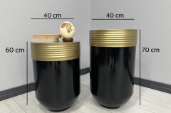 ELEGANT Dekoratif Eskitme Darbuka Parlak Siyah Saksı 70cm + Sehpa 60cm İkili Set