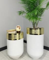 ELEGANT Dekoratif Gold Darbuka Parlak Beyaz Saksı 70cm + 60cm Sehpa İkili Set