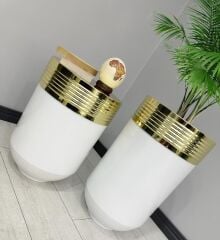 ELEGANT Dekoratif Gold Darbuka Parlak Beyaz Saksı 70cm + 60cm Sehpa İkili Set