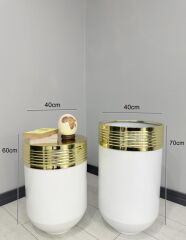 ELEGANT Dekoratif Gold Darbuka Parlak Beyaz Saksı 70cm + 60cm Sehpa İkili Set