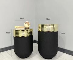 ELEGANT Dekoratif Gold Darbuka Siyah Saksı 70cm + Sehpa 60cm İkili Set