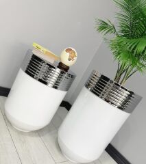 ELEGANT Dekoratif Krom Darbuka Parlak Beyaz Saksı 70cm + 60cm Sehpa İkili Set