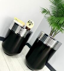 ELEGANT Dekoratif Krom Darbuka Parlak Siyah Saksı 70cm + Sehpa 60cm İkili Set