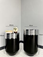 ELEGANT Dekoratif Krom Darbuka Parlak Siyah Saksı 70cm + Sehpa 60cm İkili Set