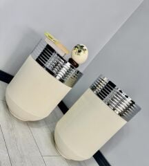 ELEGANT Dekoratif Krom Darbuka Krem Saksı 70cm + Sehpa 60cm İkili Set ELGNTBYZSETKRM