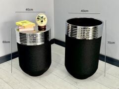 ELEGANT Dekoratif Krom Darbuka Siyah Saksı 70cm + Sehpa 60cm İkili Set