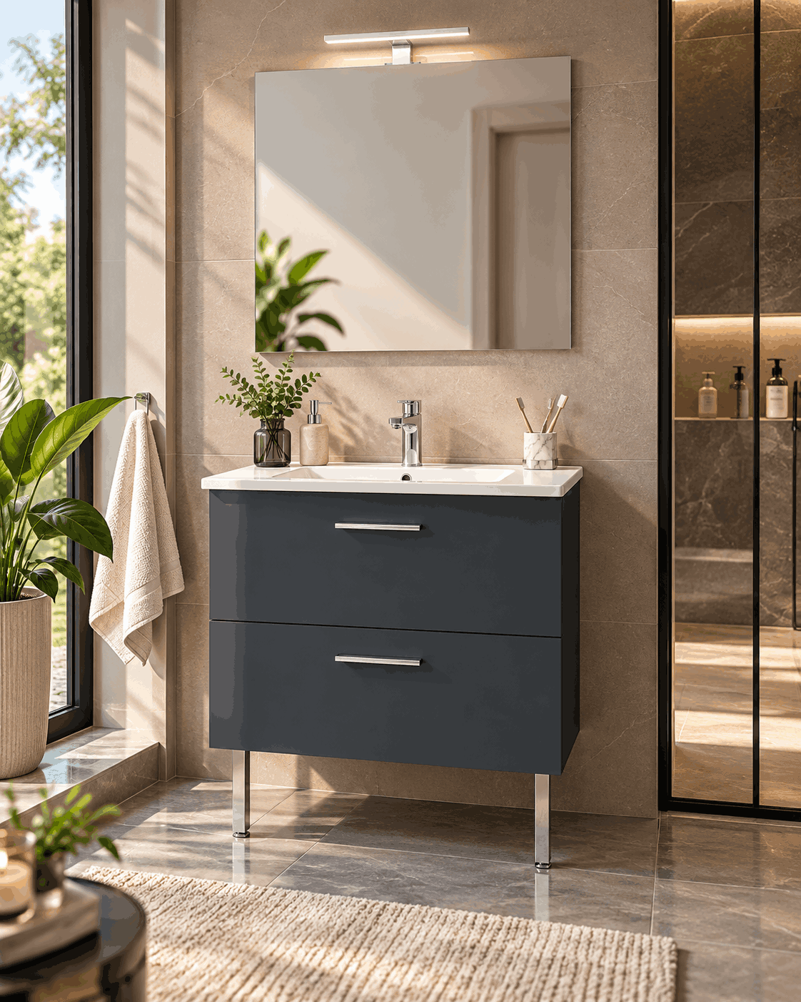 66102 Mia Banyo Dolabı Seti Çekmeceli, Ayaklı, 70 cm, Antrasit