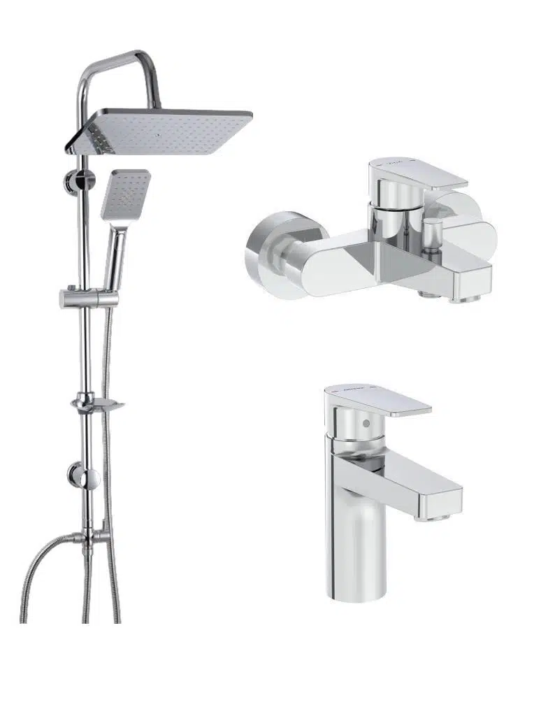 Artema Flow Square Krom Banyo Bataryası + Lavabo Bataryası + Doppo Long Krom Tepe Duş Seti