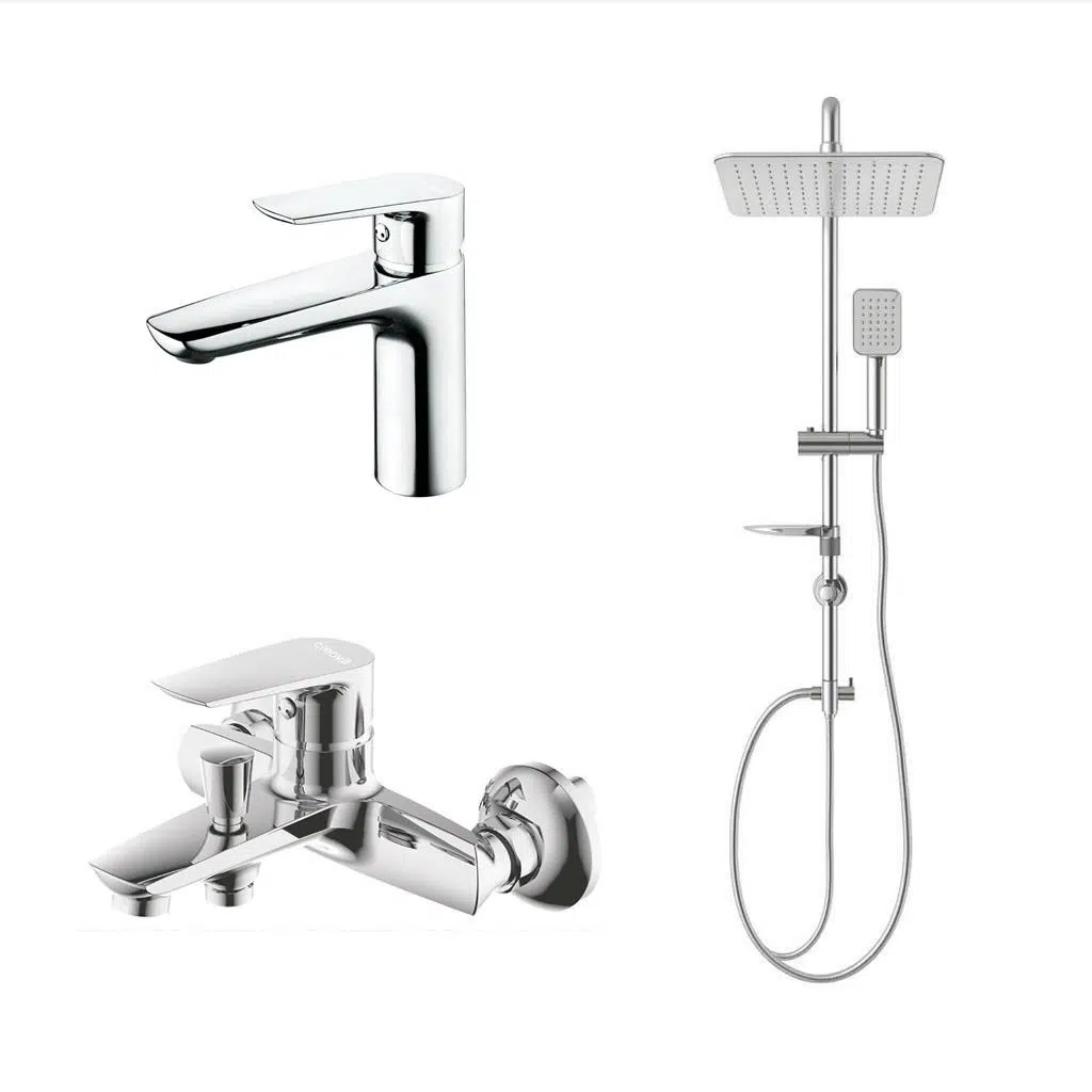 CREAVİT SOLO BANYO BATARYASI + SOLO LAVABO BATARYASI + DOPPO LONG TEPE DUŞ SİSTEMİ İKİLİ SET