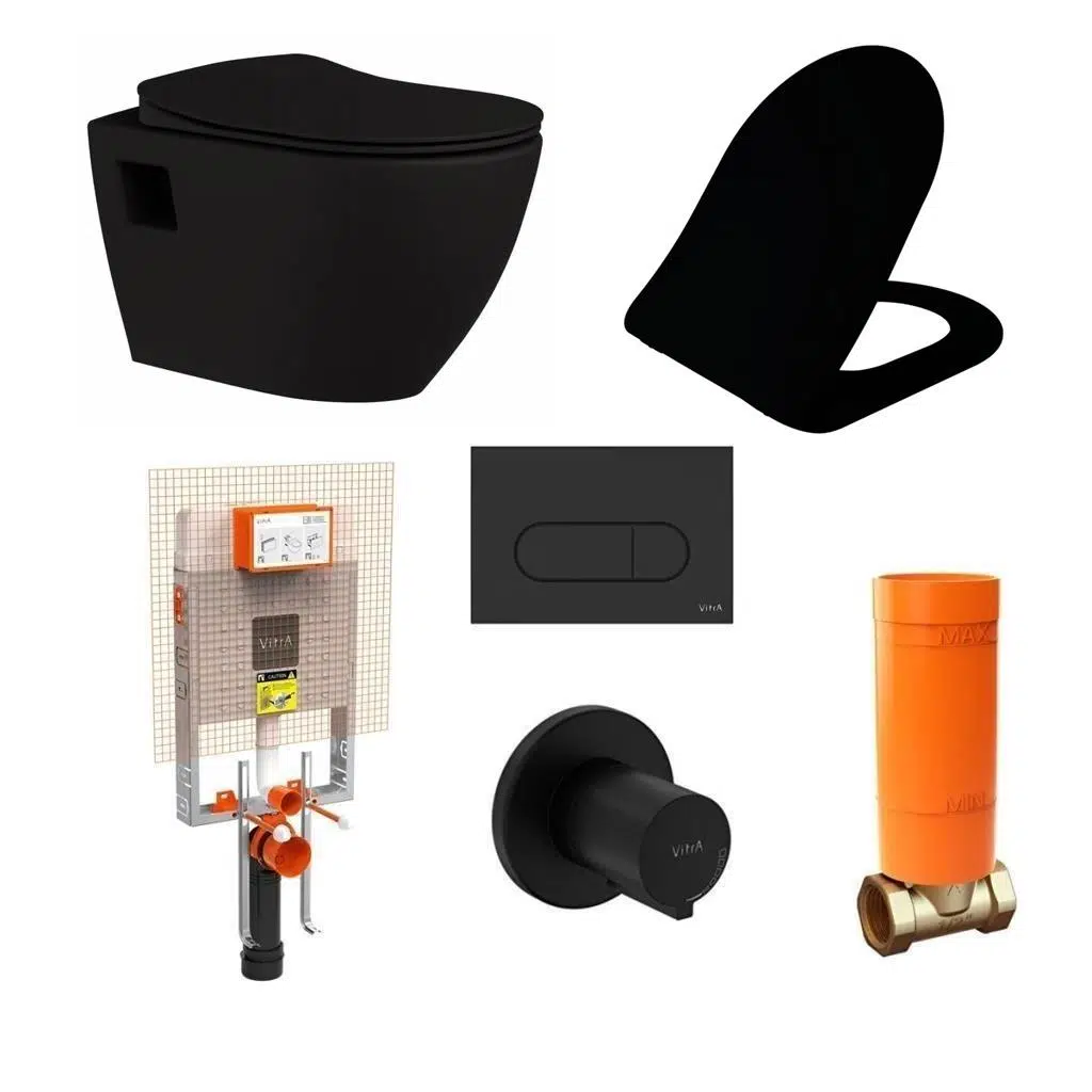 Creavit Terra Mat Siyah Asma Klozet + Duroplast Yavaş Kapanır Kapak + VitrA Siyah Gömme Rezervuar Set