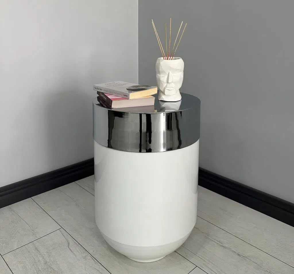 Dekoratif Krom Darbuka Parlak Beyaz Sehpa 60cm