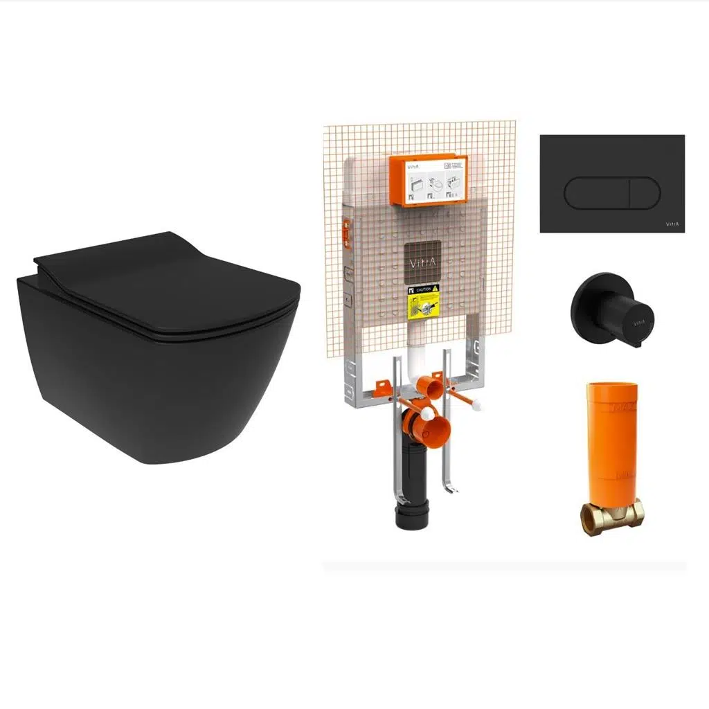 EG321 Elegant Kanalsız Siyah Asma Klozet + Siyah Klozet Kapaklı Kömür Karası + Mat Siyah Gömme rezervuar set