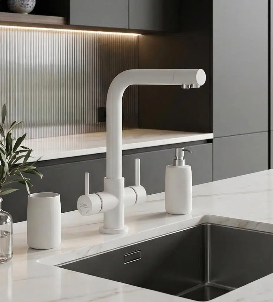 Elya Beyaz 3 Yollu Arıtmali Sıcak Soğuk Girişli Eviye Bataryası