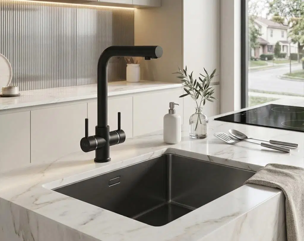 Elya Siyah 3 Yollu Arıtmali Sıcak Soğuk Girişli Eviye Bataryası