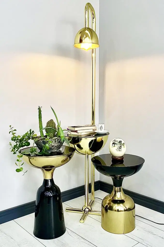 Karanfil Gold Tek Sehpalı Lambader + Olympos Siyah Gold Sehpa Set