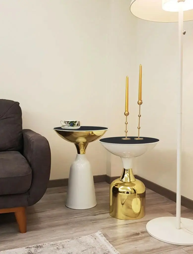 Olympos Dekoratif Parlak Beyaz Model Gold Sehpa 50 ve 55 cm