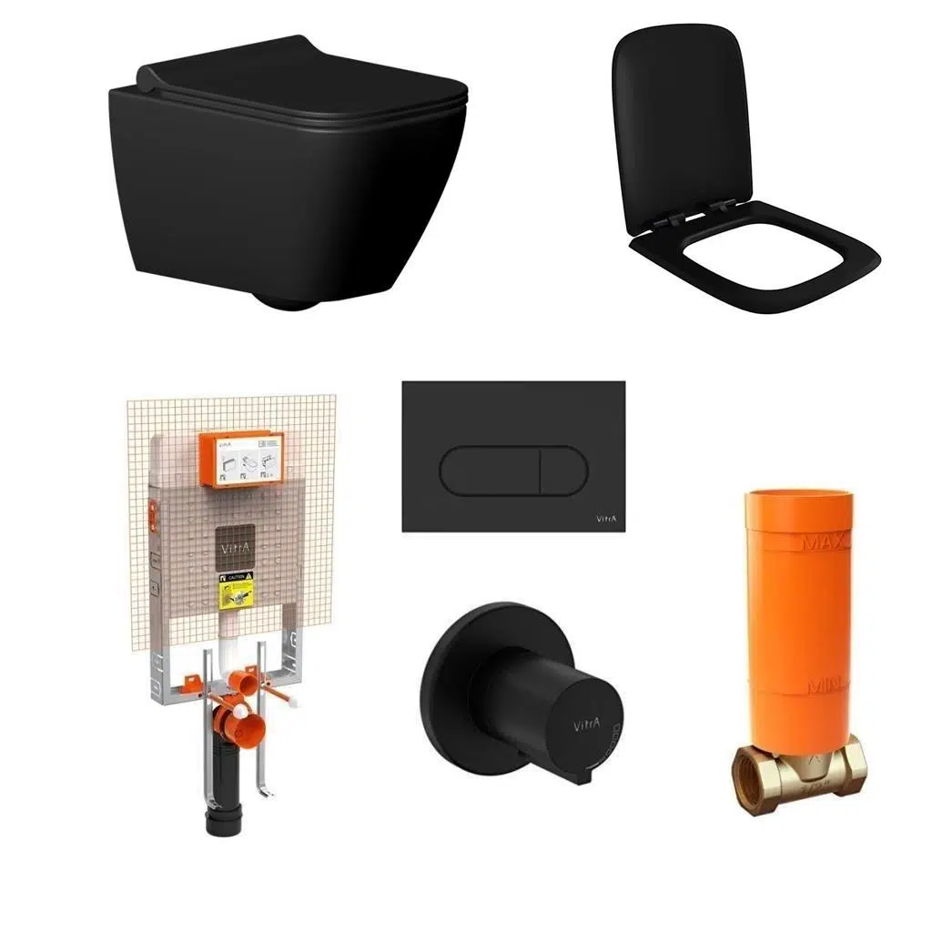 Seramiksan Saturn Rim-Out Kanalsız Mat Siyah Asma Klozet + Duroplast Yavaş Kapanır Kapak + VitrA Gömme Rezervuar Set