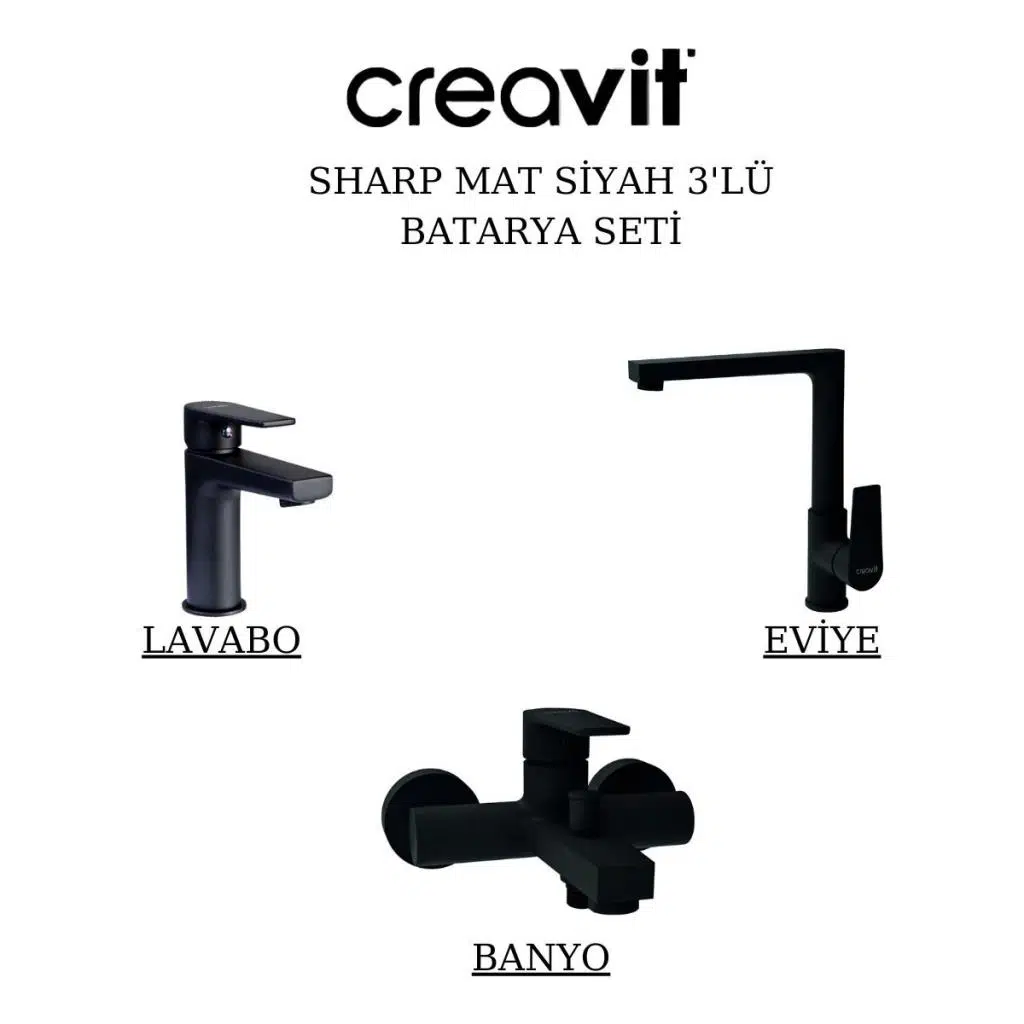 Sharp Mat Siyah Batarya Seti 3’lü Banyo-Lavabo-Evye