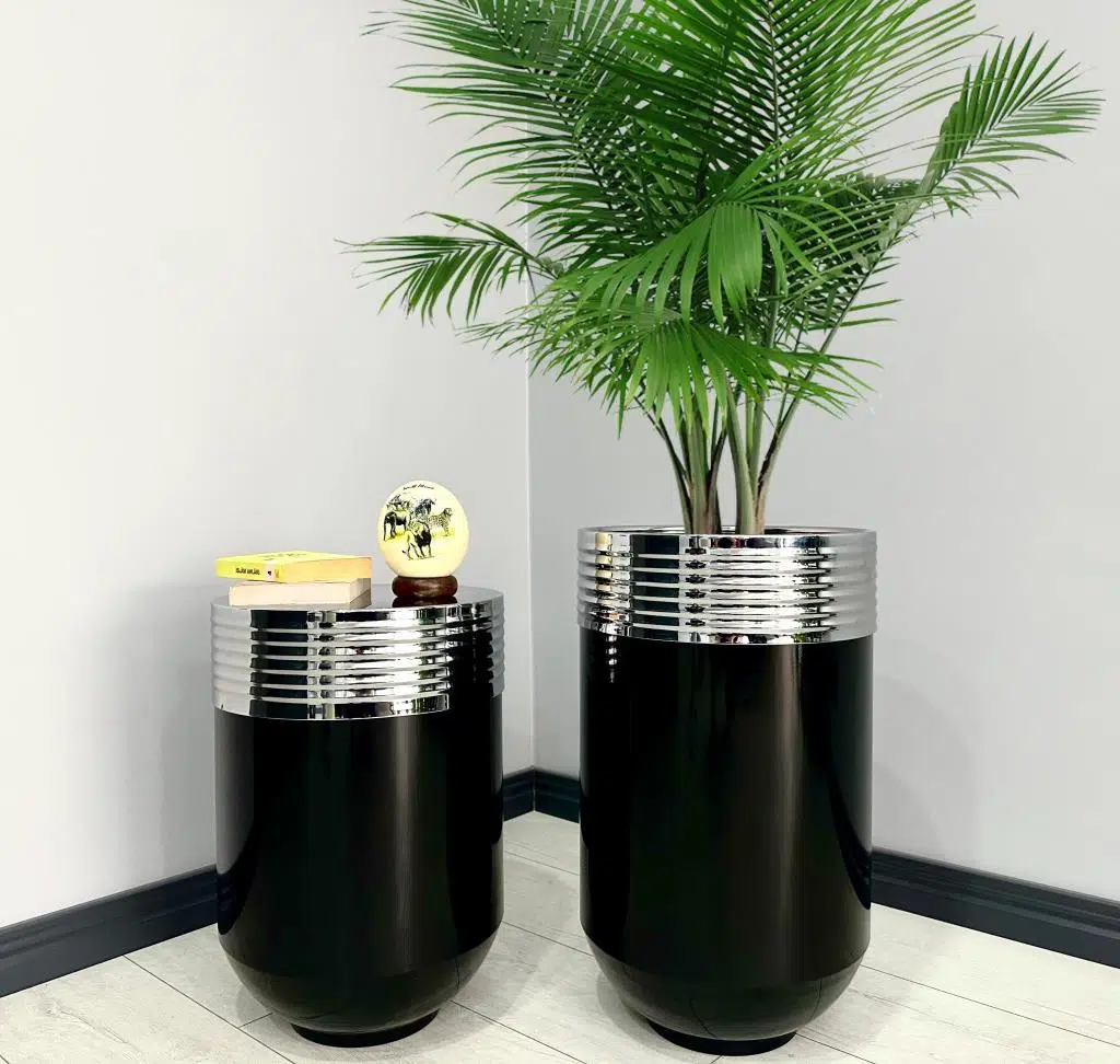 ELEGANT Dekoratif Krom Darbuka Parlak Siyah Saksı 70cm + Sehpa 60cm İkili Set